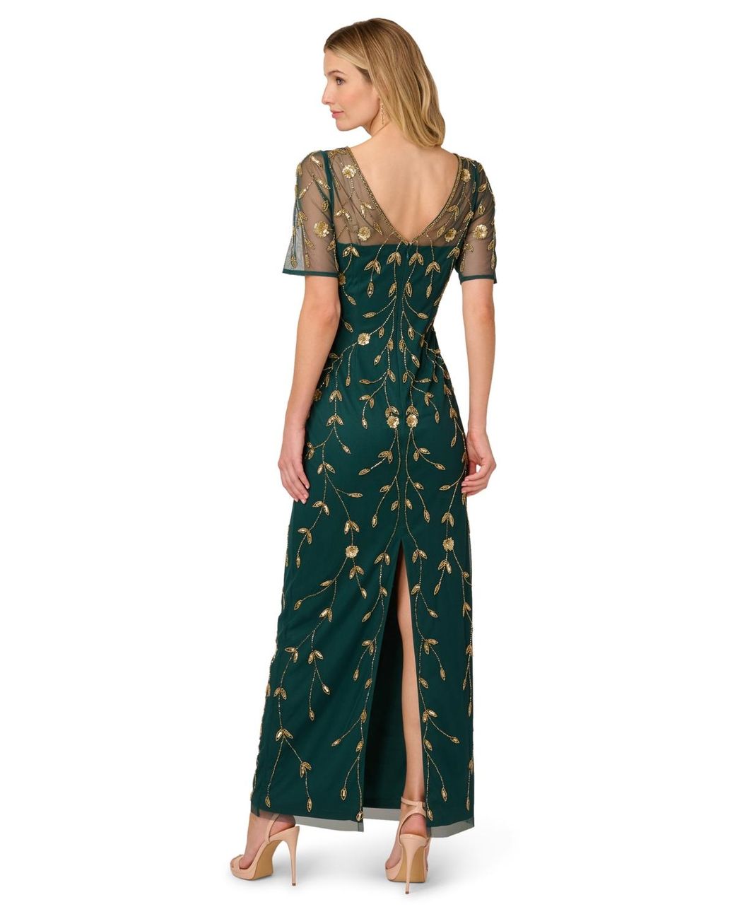 slim fit dress slacks Dusty Emerald Hand Beaded Short Sleeve Floral Godet Gown main image 1