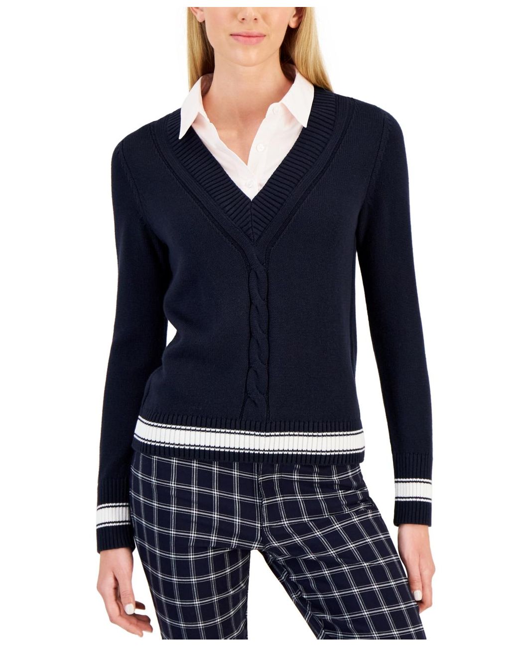 Cotton V-Neck Pullover Varsity Sweater Navy Blue With White Trim