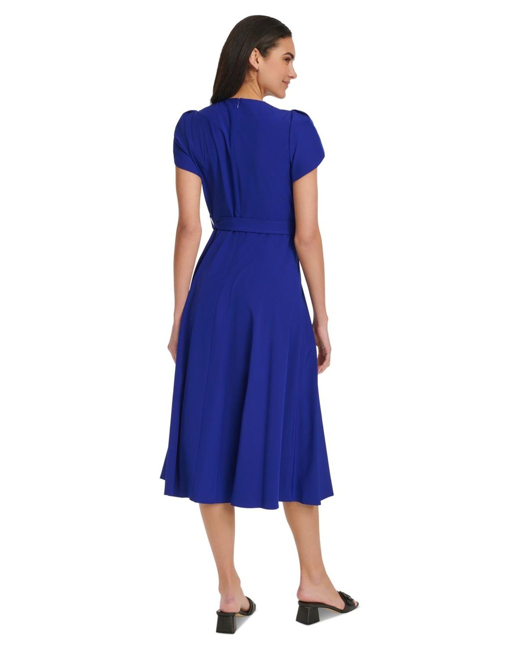 calvin klein women's tulip sleeve a-line midi dress Calvin Klein Tulip-sleeve Tie-waist A-line Dress in Blue