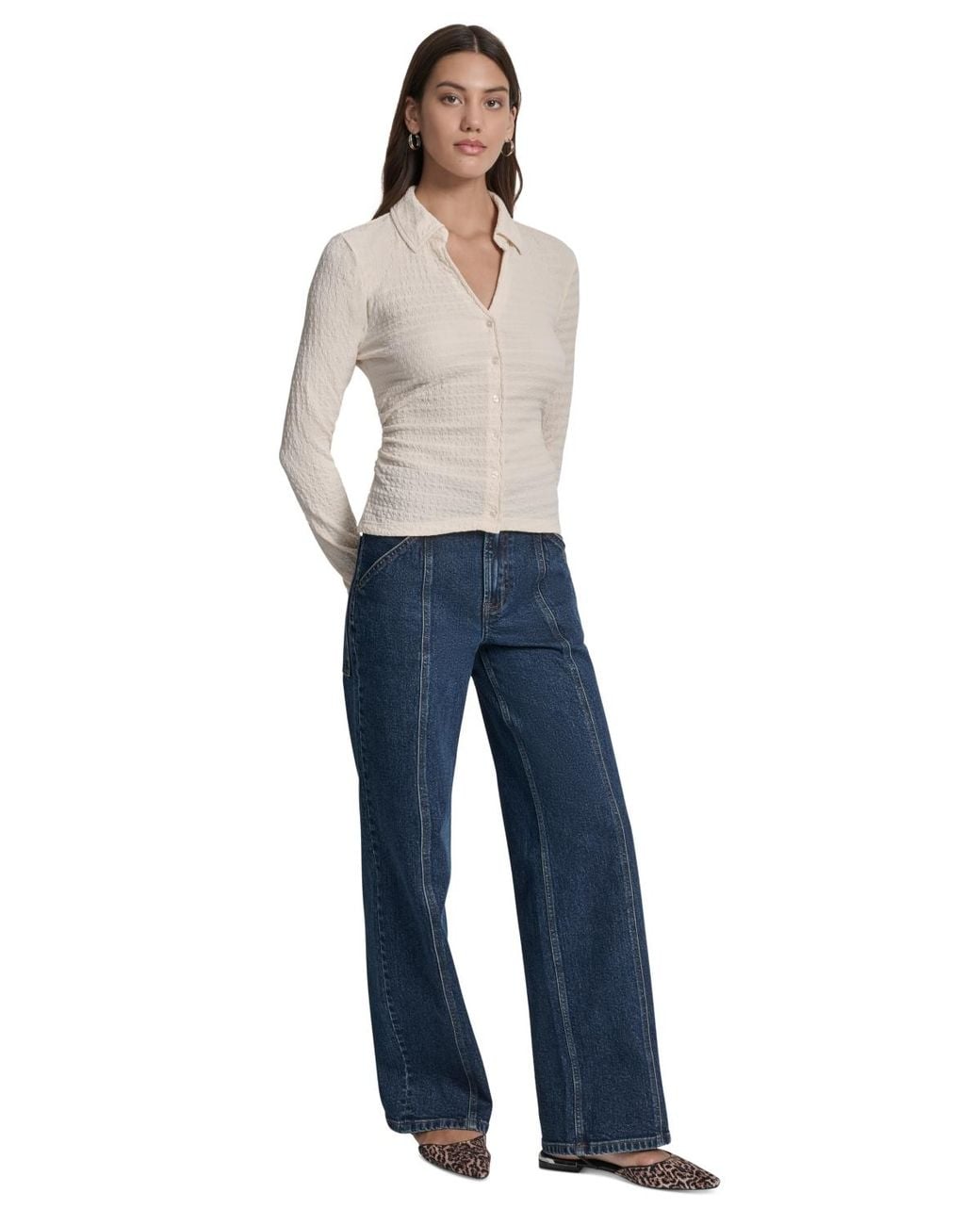 DKNY Natural Textured Collared Button-front Top