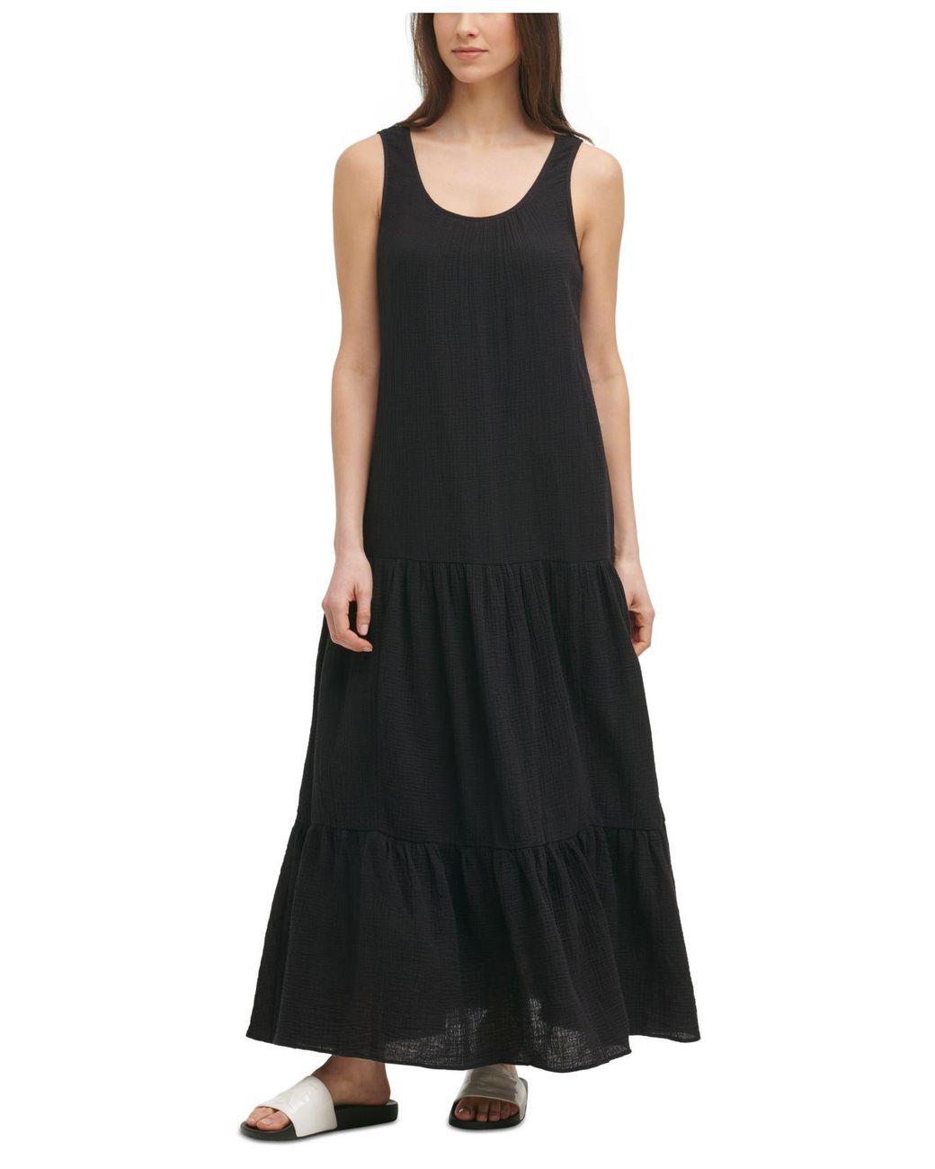 Calvin Klein Cotton Solid Gauze Tiered Maxi Dress in Black - Lyst