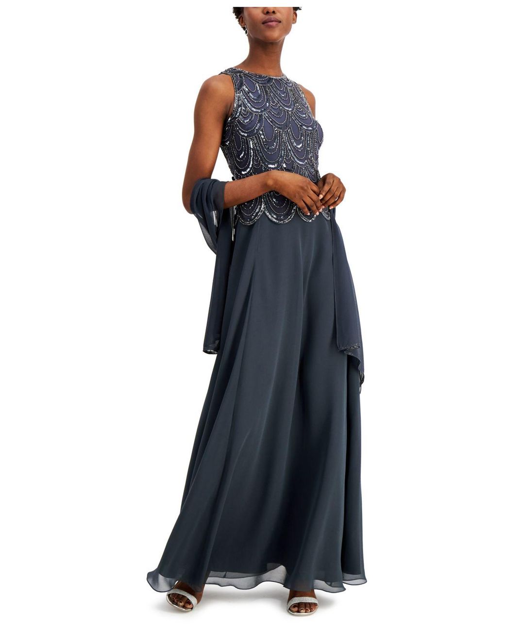 J kara beaded gown & chiffon scarf sale