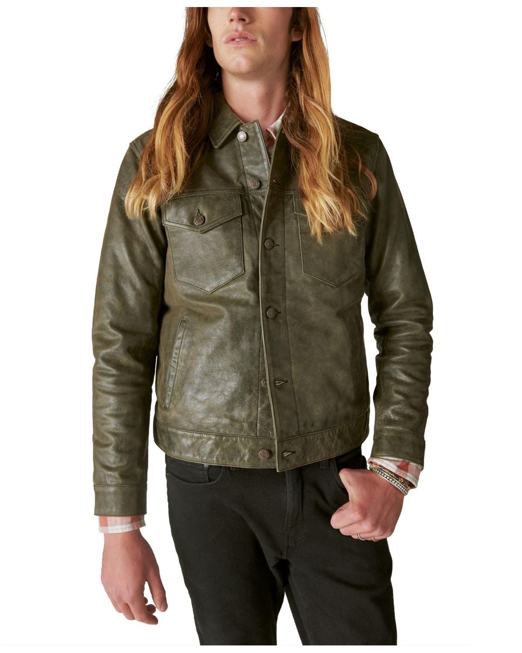 Lucky Brand Vintage inspired Leather Trucker Jacket in Green for