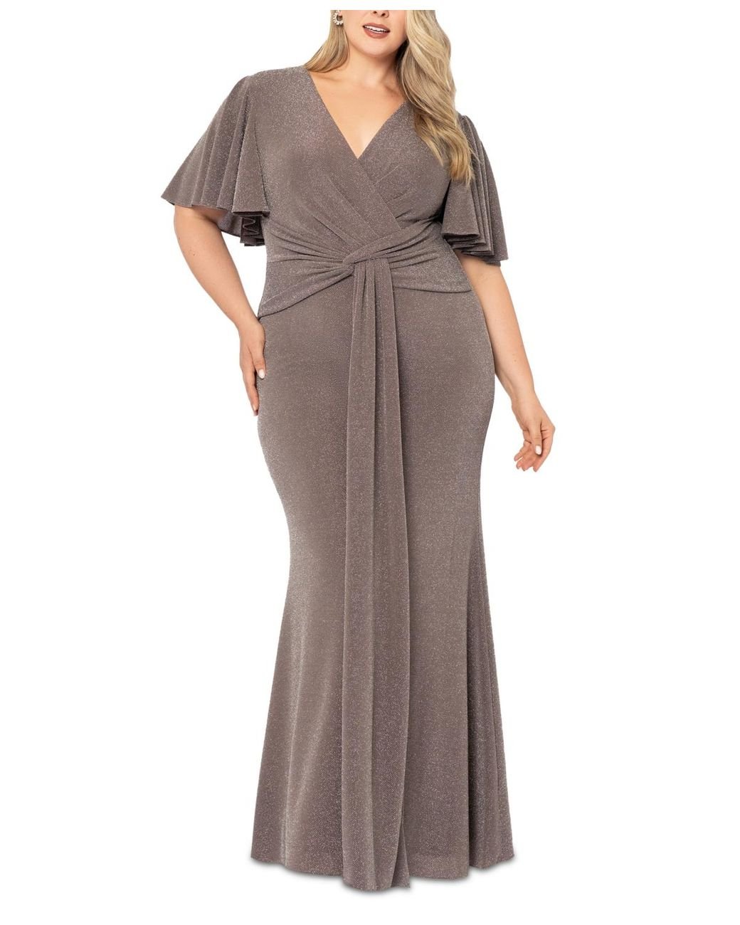 B & Adam Plus Size V-neck Twist-front Glitter Gown in Brown