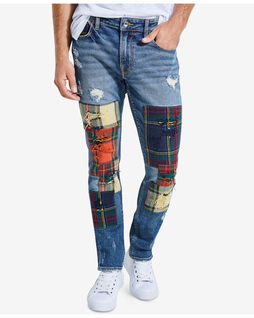 Guess Denim Patchwork Ripped Skinny Jeans in Blue for Men | Lyst