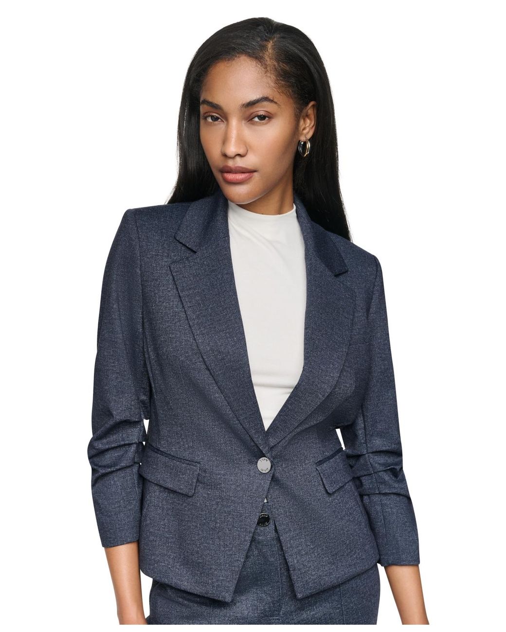 DKNY Blue Ponte One-button Ruched-sleeve Jacket