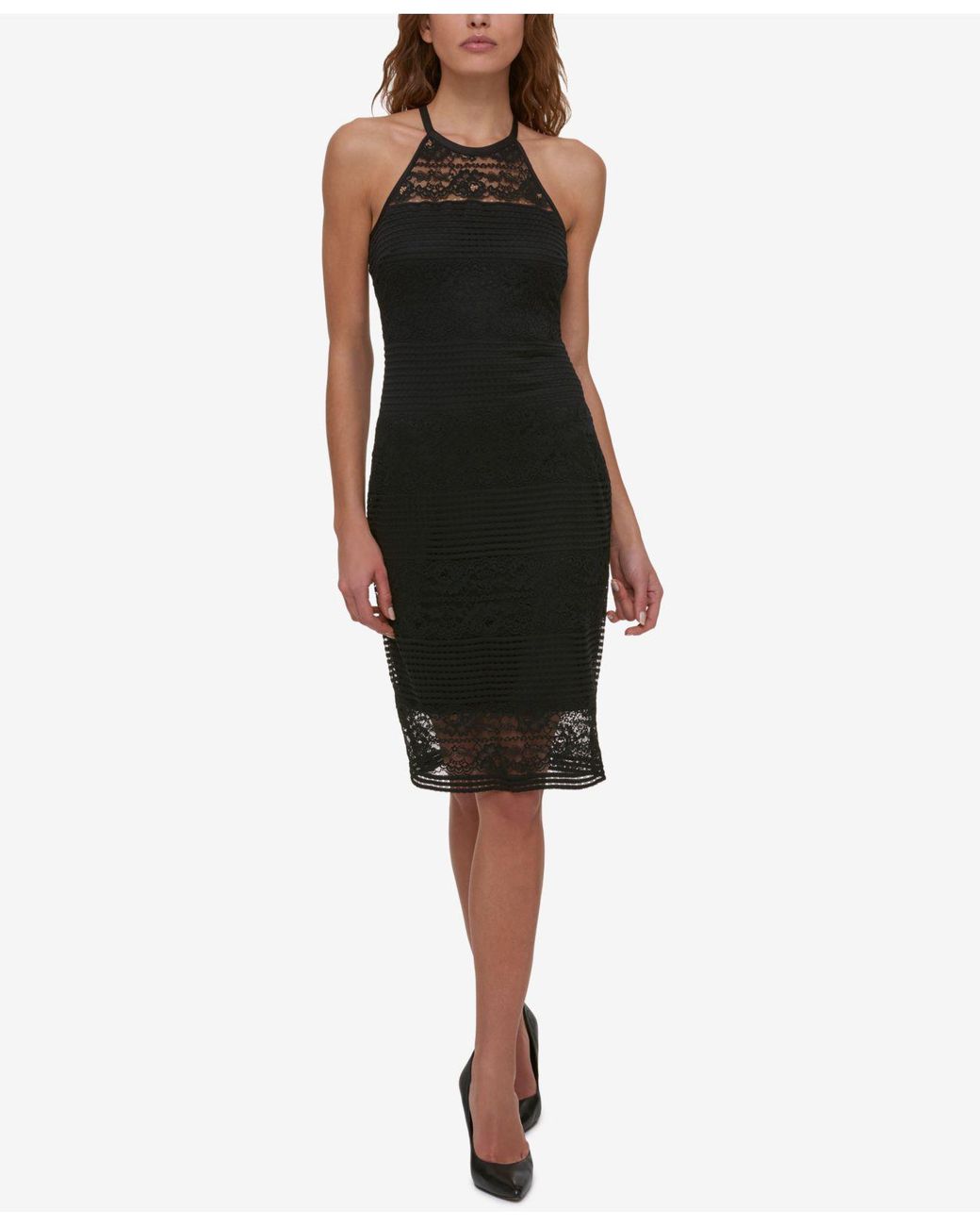 Guess Illusion Lace Ribbed Halter Dress in Black | Lyst