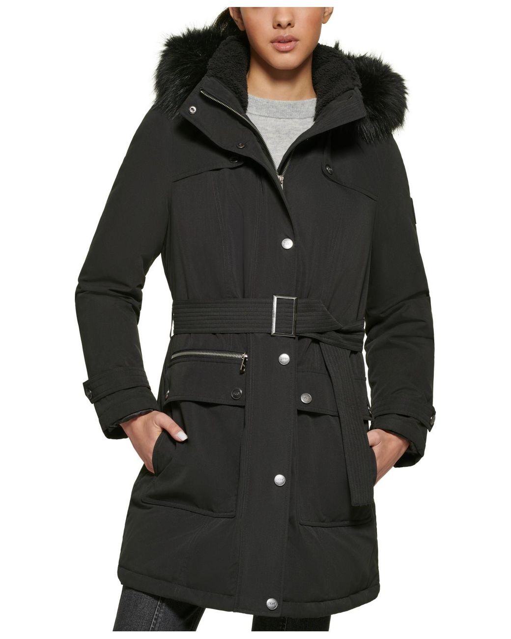 DKNY Belted Faux-fur-trim Hooded Anorak in Black | Lyst