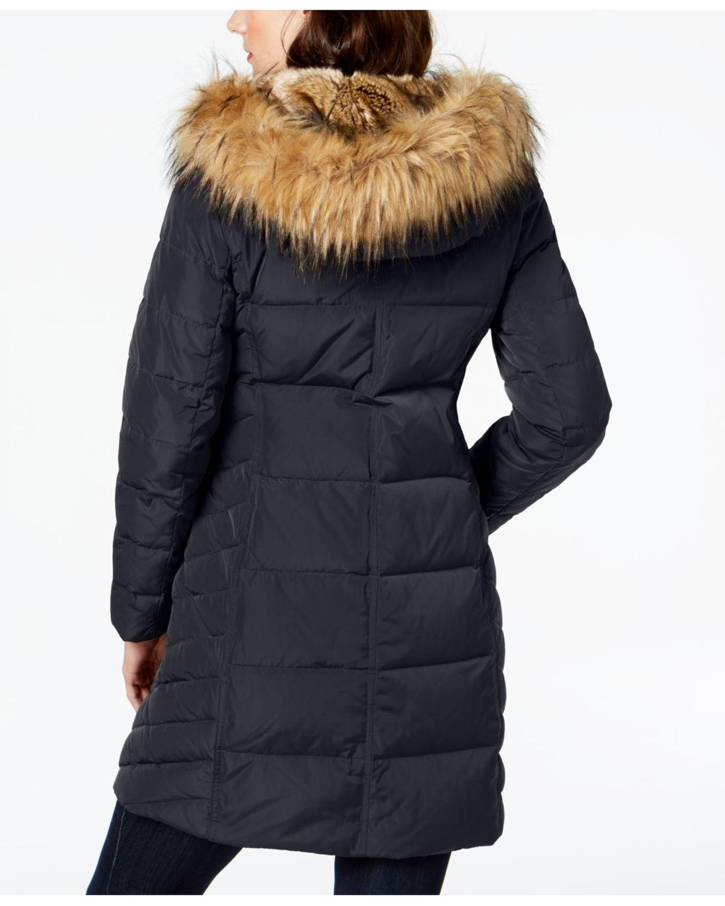 asymmetrical puffer coat with fur hood