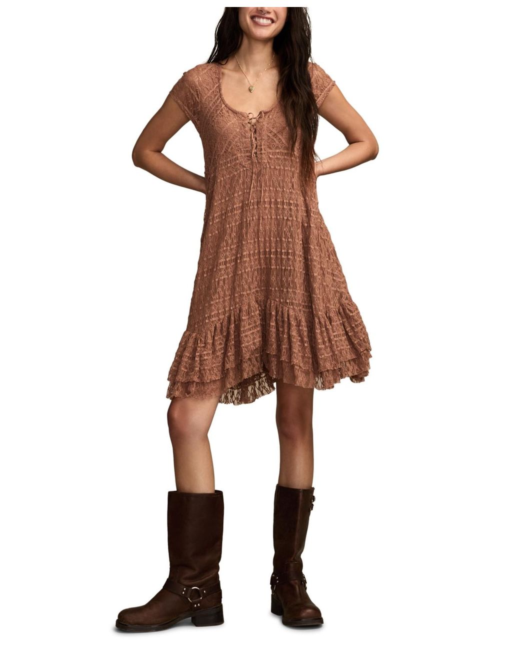lucky brand brown dress Lucky Brand Brown Ruffled Tie Front Midi Dress