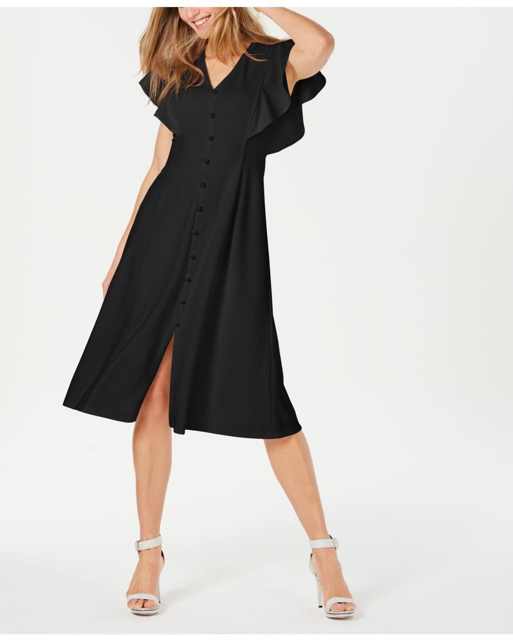 Calvin Klein Front-button A-line Midi Dress in Black | Lyst