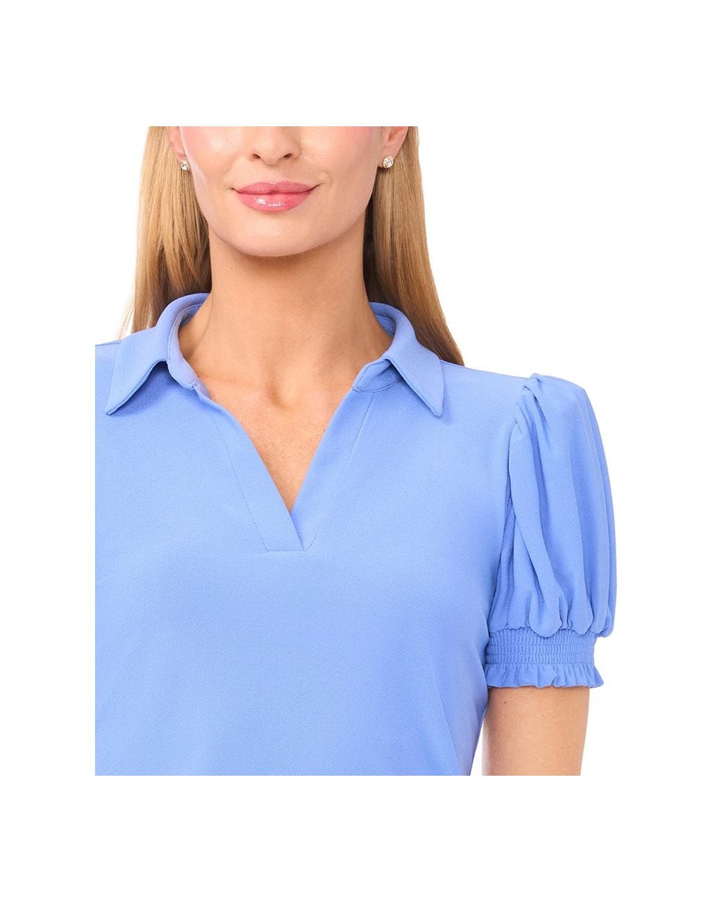 Cece Blue Collared Split Neck Short Sleeve Knit Top