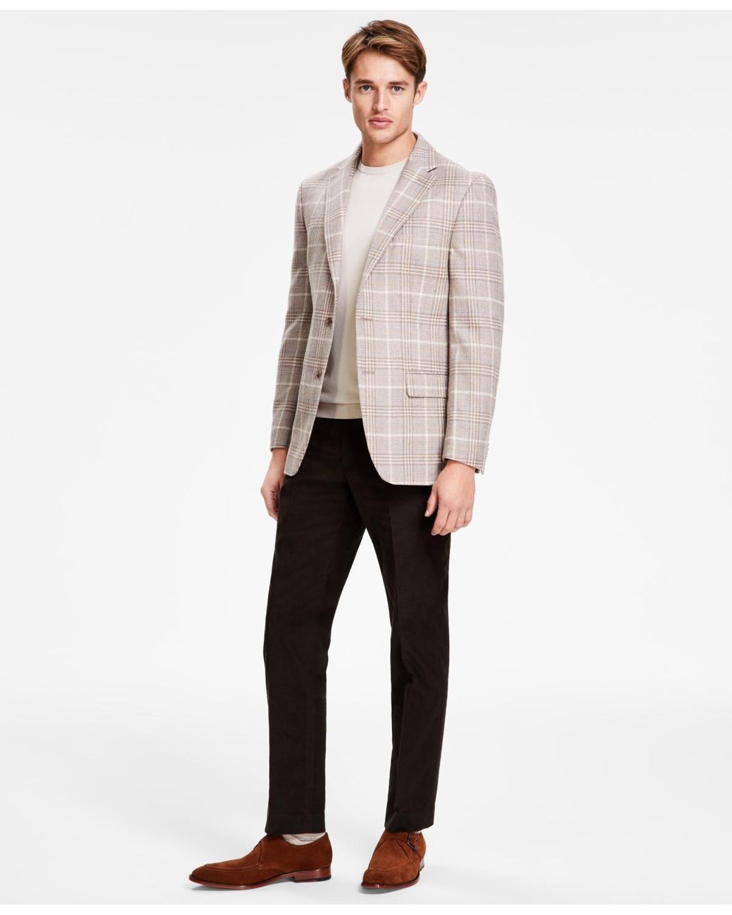 tommy hilfiger men's modern fit burgundy brown check blazer