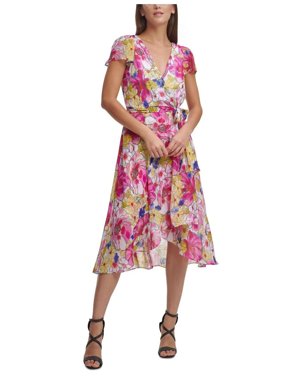 DKNY Synthetic Floral-print Flutter-sleeve Faux-wrap Midi Dress in Pink ...
