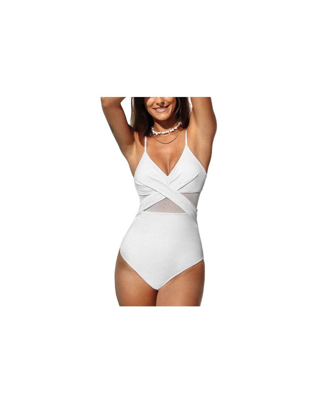 CUPSHE V Neck One Piece Swimsuit Crisscross Mesh Mid Cut Bathing Suit in  White