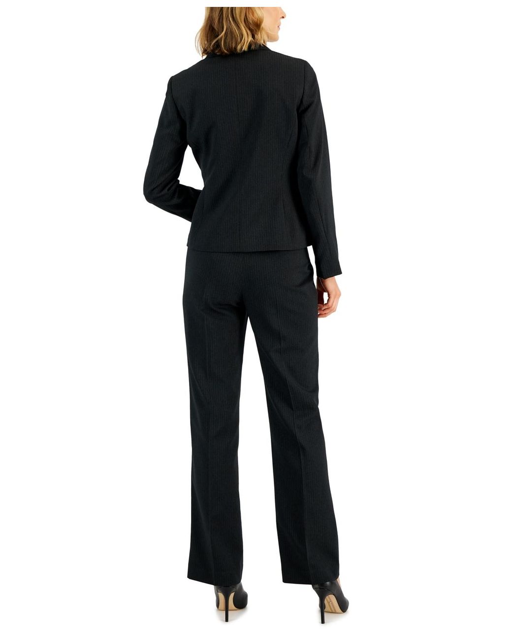 Le Suit Black Two-button Pinstriped Pantsuit Set