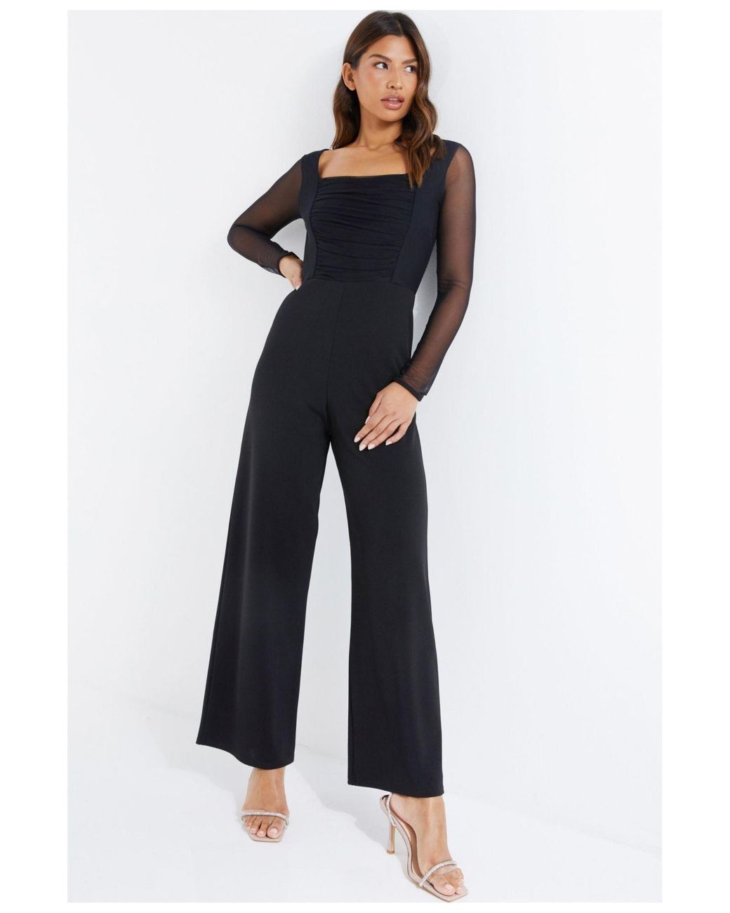 Quiz Mesh Sleeve Ruched Jumpsuit in Blue Lyst