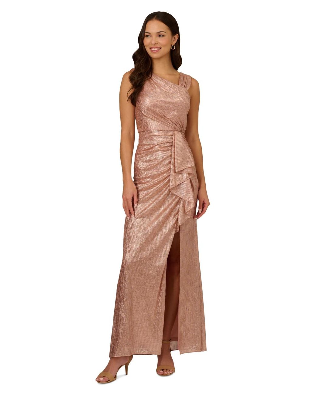 Adrianna Papell Waterfall-ruffle Metallic-finish Gown in Brown | Lyst