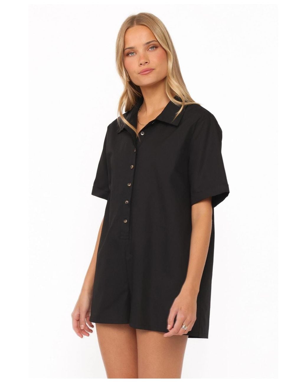 Petal & Pup Calypso Short-sleeve Button-front Collared Romper in Black ...