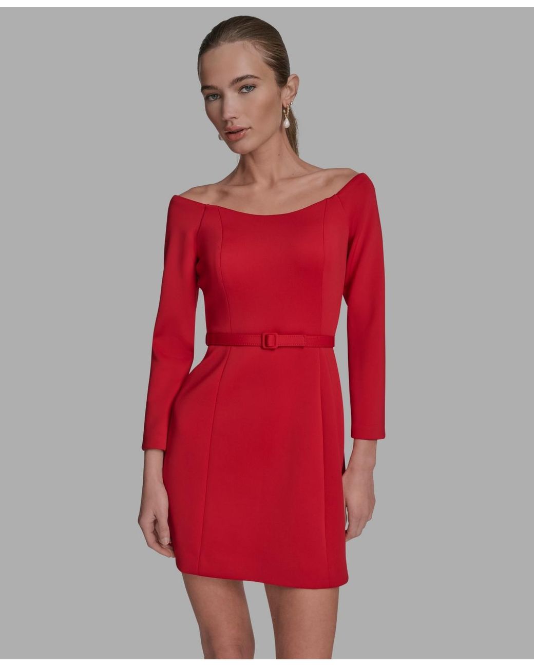 BCBGMAXAZRIA Scuba Off-the-shoulder Belted Fnf in Red | Lyst