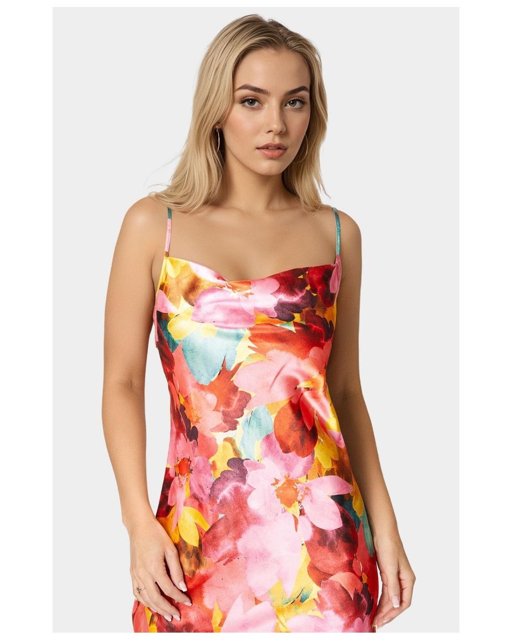 Bebe Print Satin Maxi Dress in Red | Lyst
