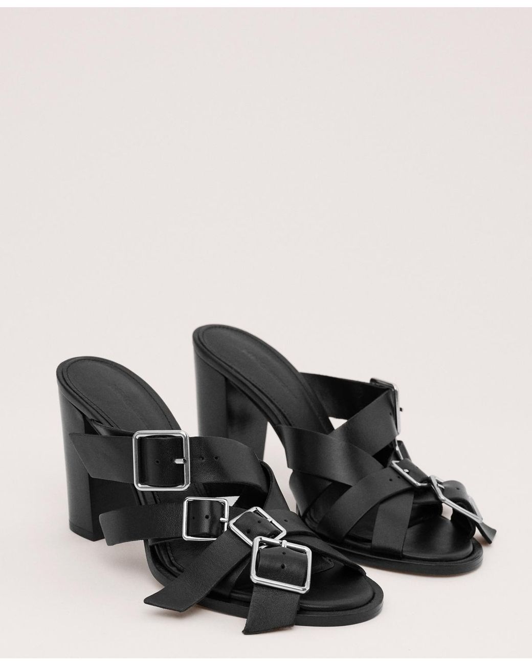Mango Buckles Leather Strap Sandals in Black | Lyst