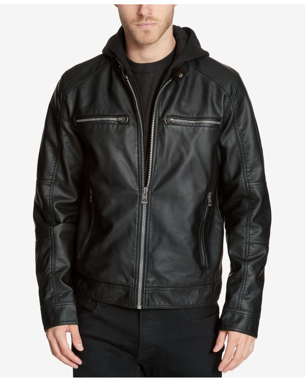 Guess Men's Faux-leather Detachable-hood Motorcycle Jacket in Black for ...