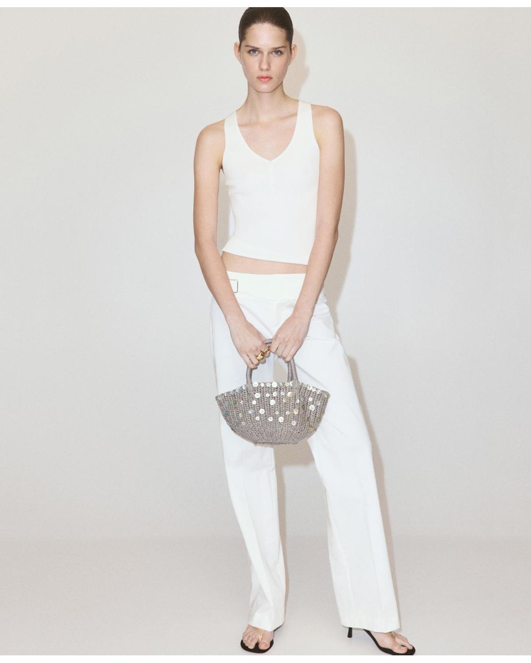 Mango White Buttoned Ribbed Top