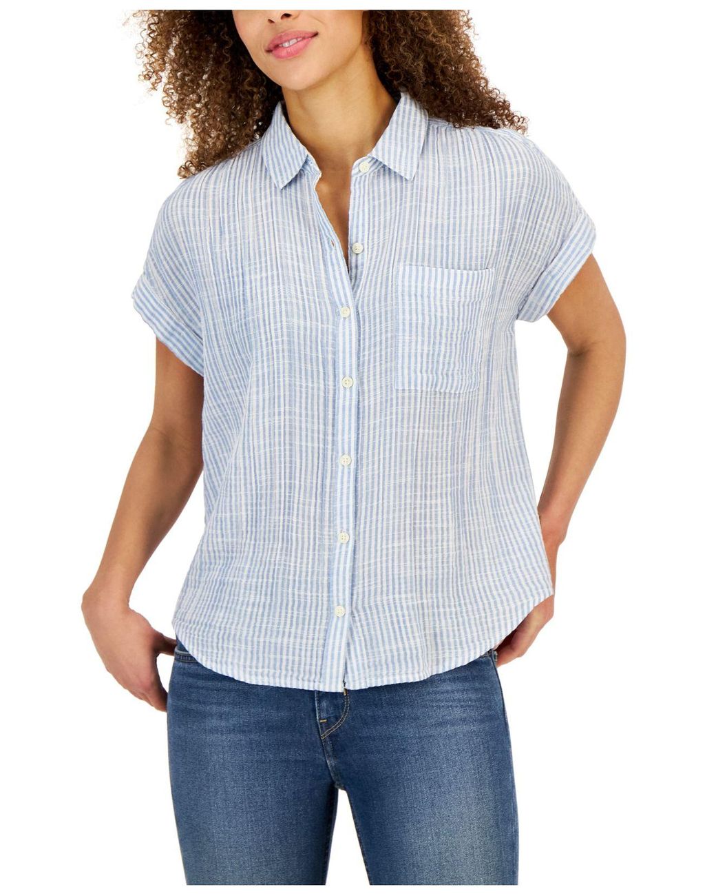 Style & Co. Cotton Gauze Striped Camp Shirt, Created For Macy's in Blue ...