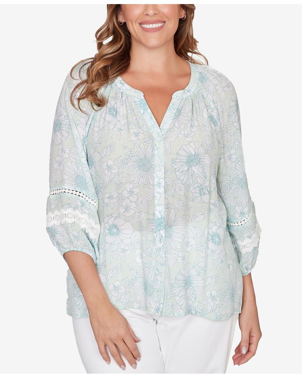 Ruby Rd Plus Size Tops Ruby Rd. Plus Size Floral Silky Gauze Peasant Top in Blue | Lyst
