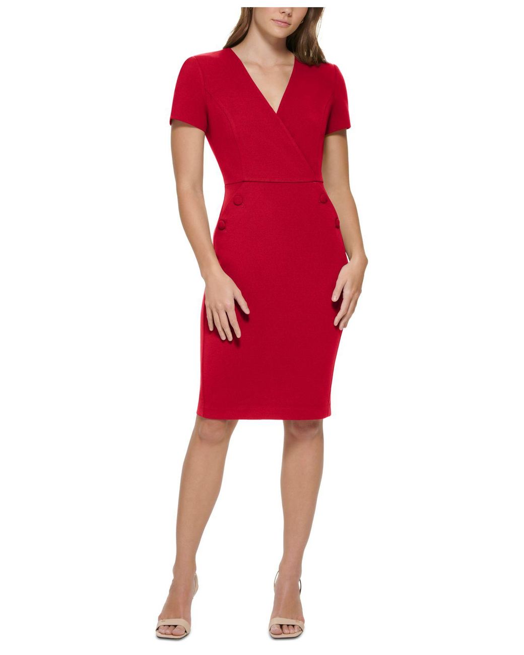 Calvin Klein Buttontrim Sheath Dress in Red Lyst