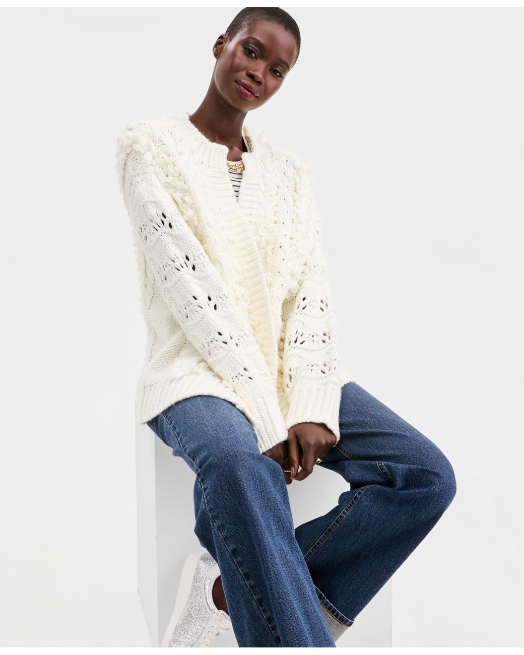 On 34th White Chunky Loop Cardigan Sweater