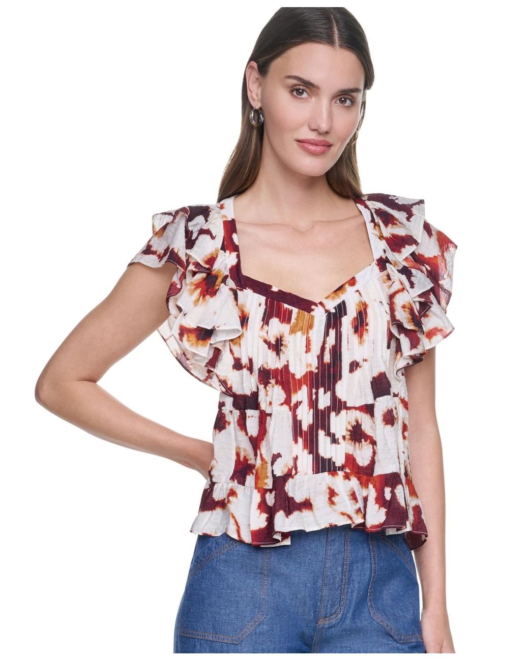 DKNY Multicolor Printed Flutter-sleeve Pleated Blouse