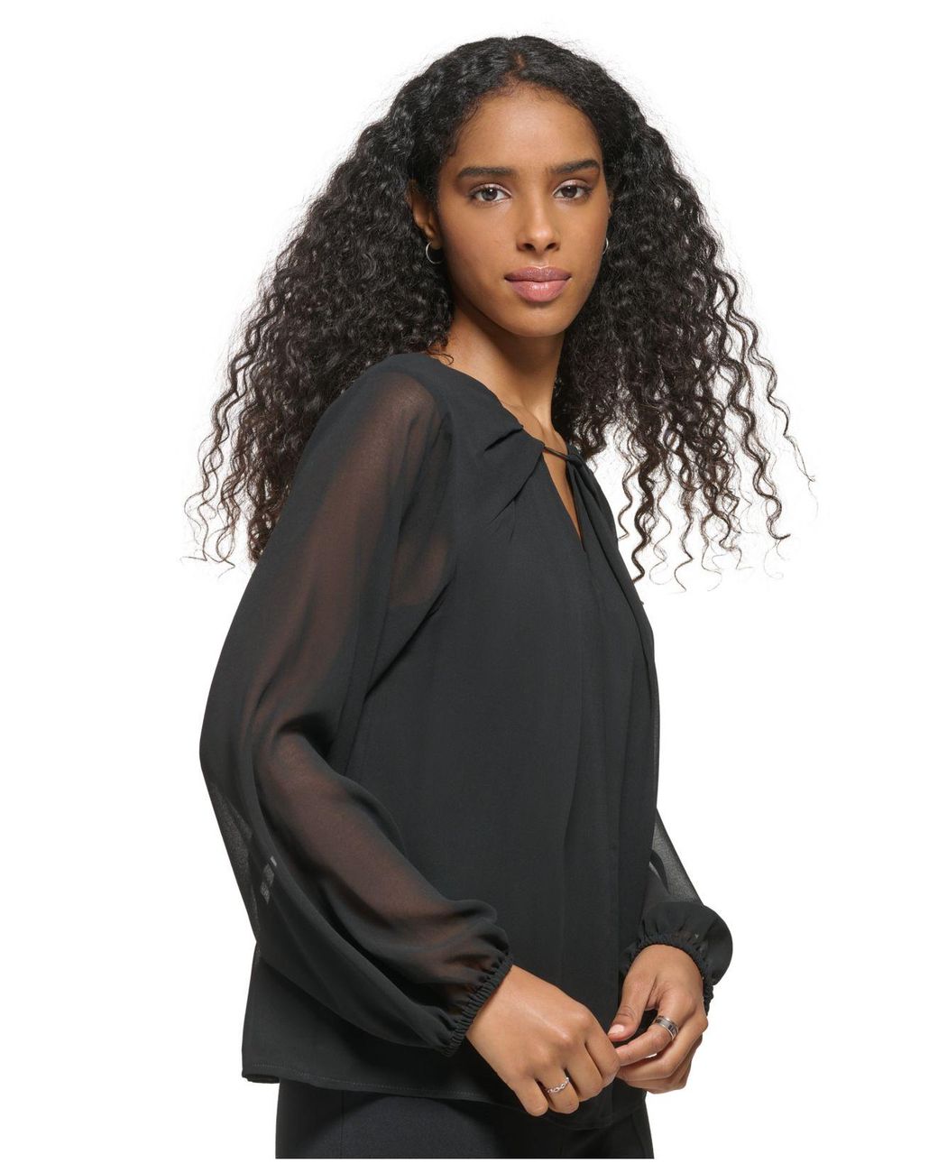 Calvin Klein Long Sleeve Keyhole Neck Chiffon Blouse in Black | Lyst