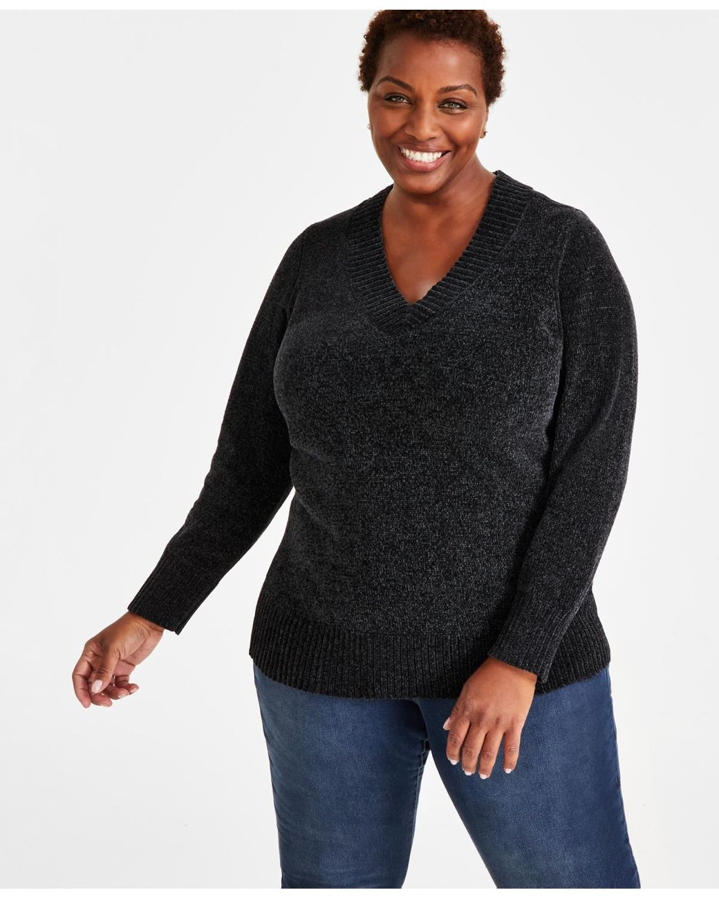 Style & Co. Plus Size V-neck Long-sleeve Chenille Sweater in Black | Lyst