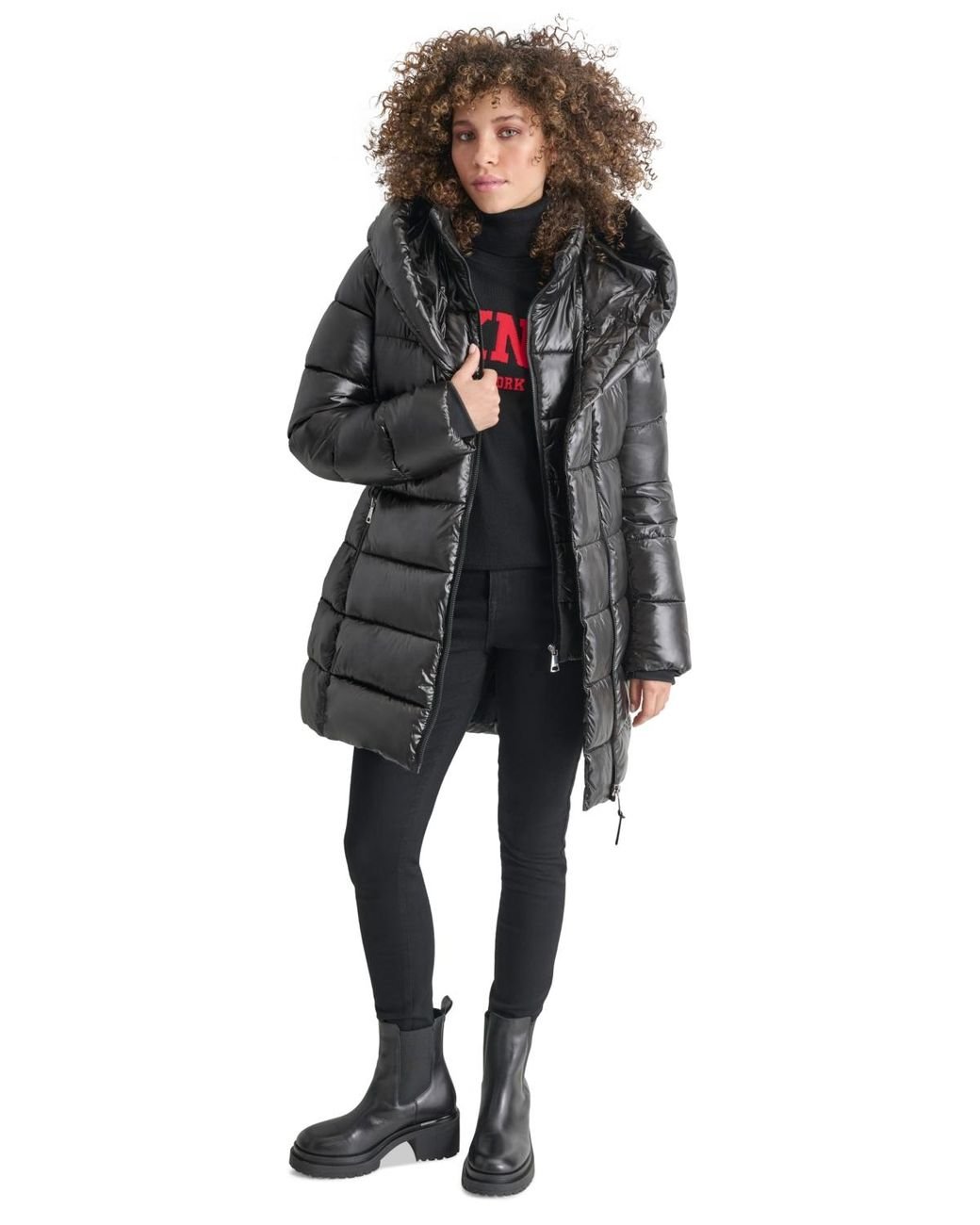 DKNY Bibbed Shawl-collar Packable Shine Puffer Coat in Black