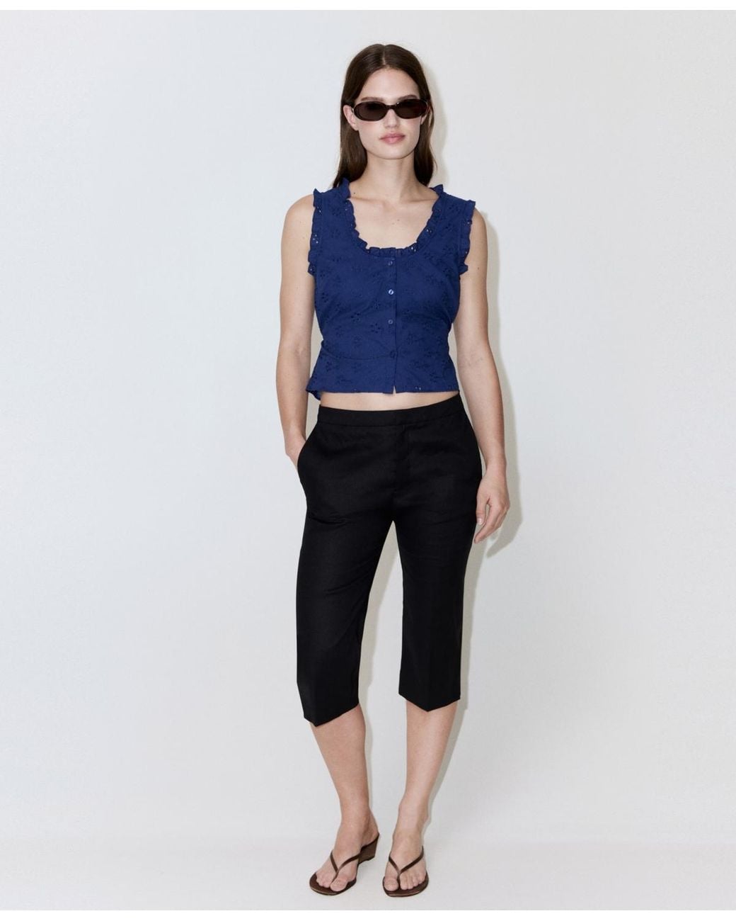 Mango Blue Openwork Embroidery Cotton Blouse