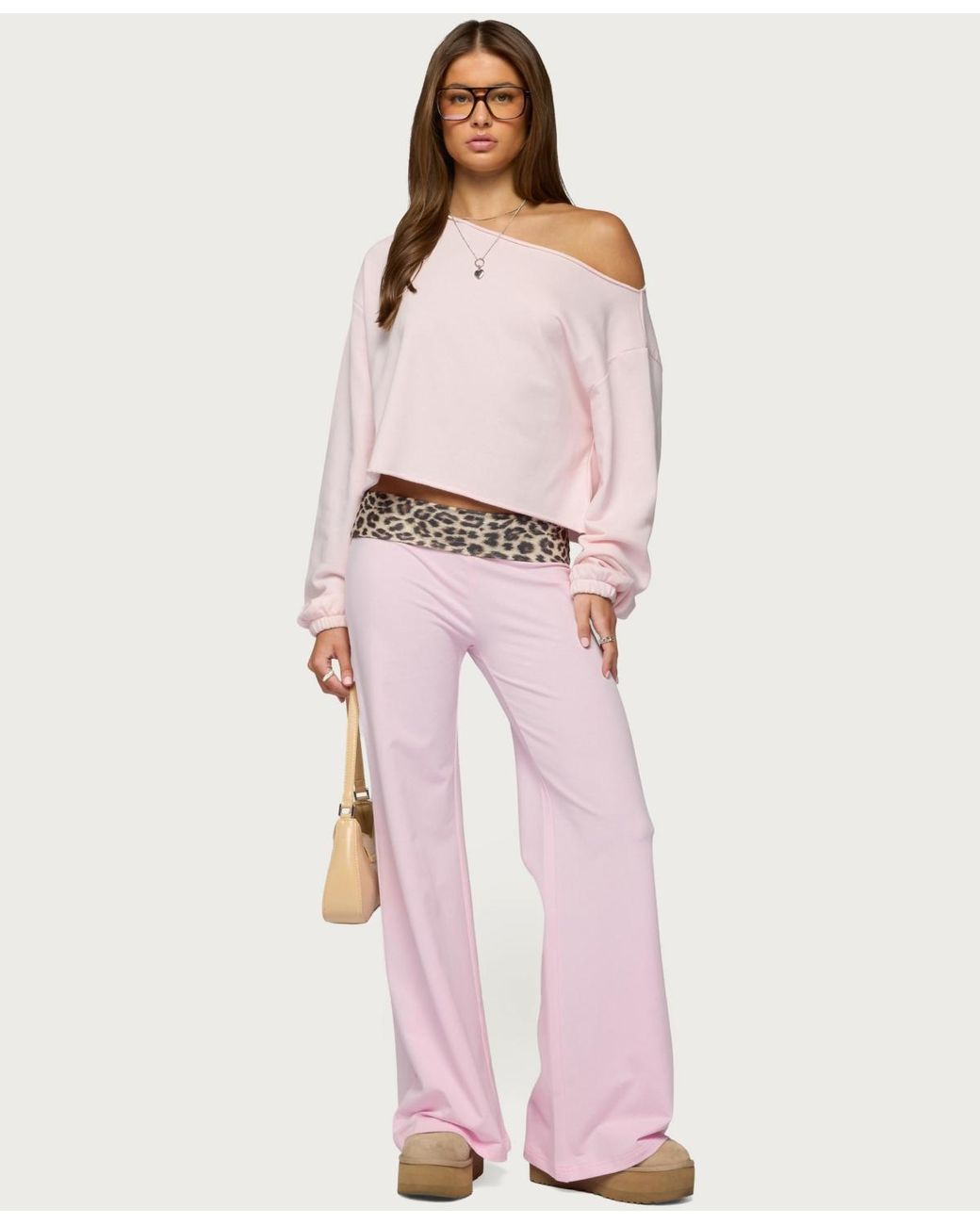 Edikted Leopard Fold Over Pants in Pink | Lyst