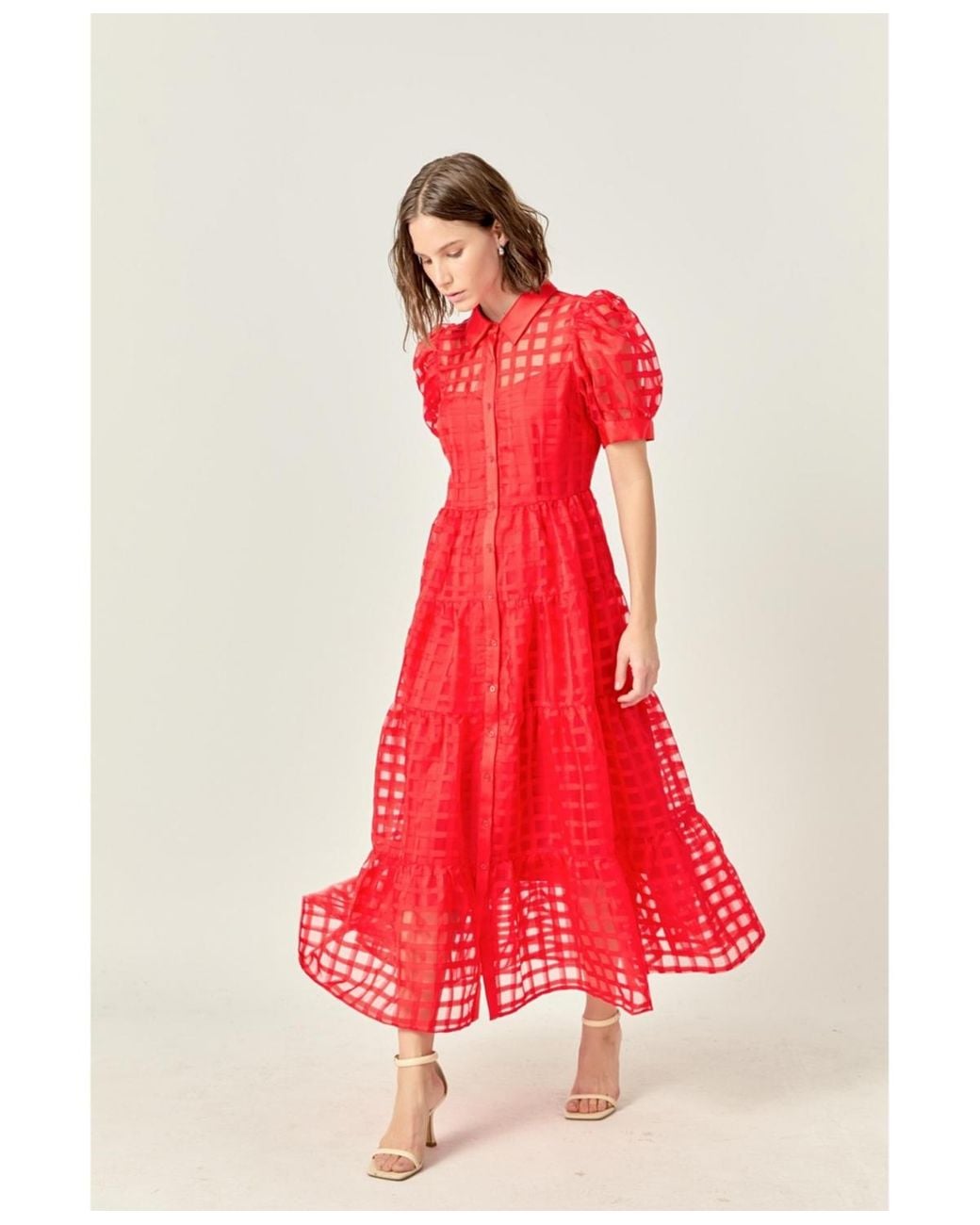 English Factory Gridded Organza Tie Maxi Dress in Red | Lyst