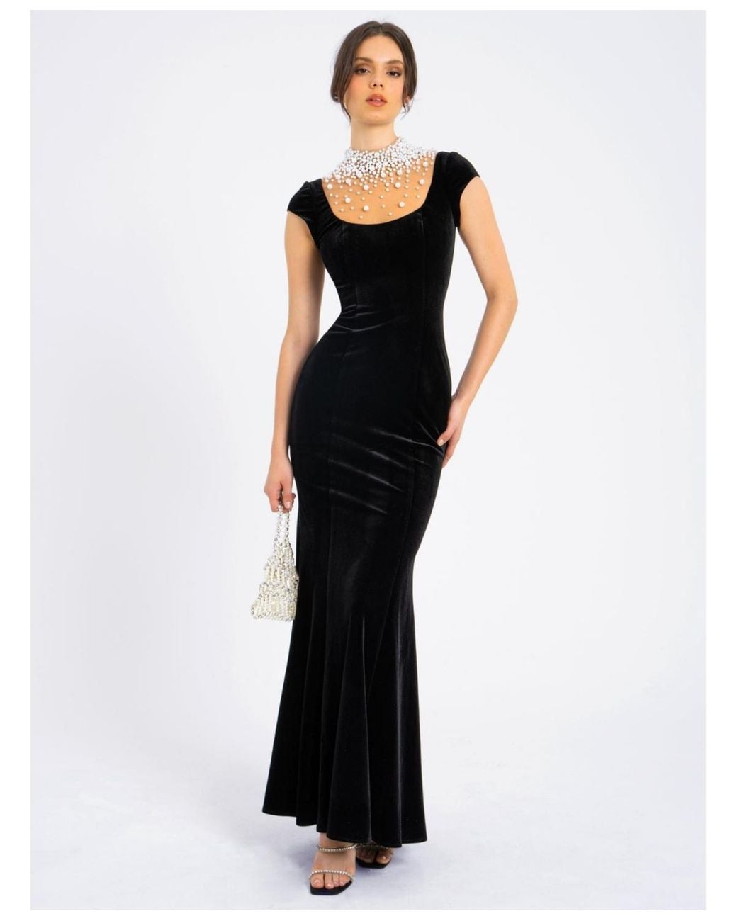 Miss Circle Rachael Velvet Pearl Embellished Gown in Black | Lyst