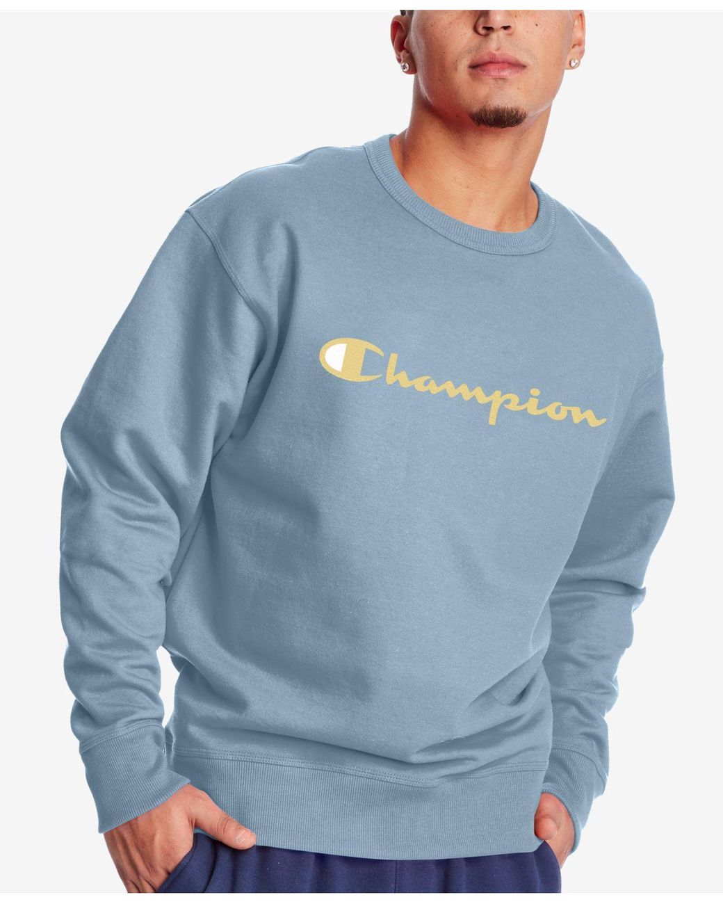 Champion Script Logo-print Fleece Sweatshirt in Blue for Men - Lyst