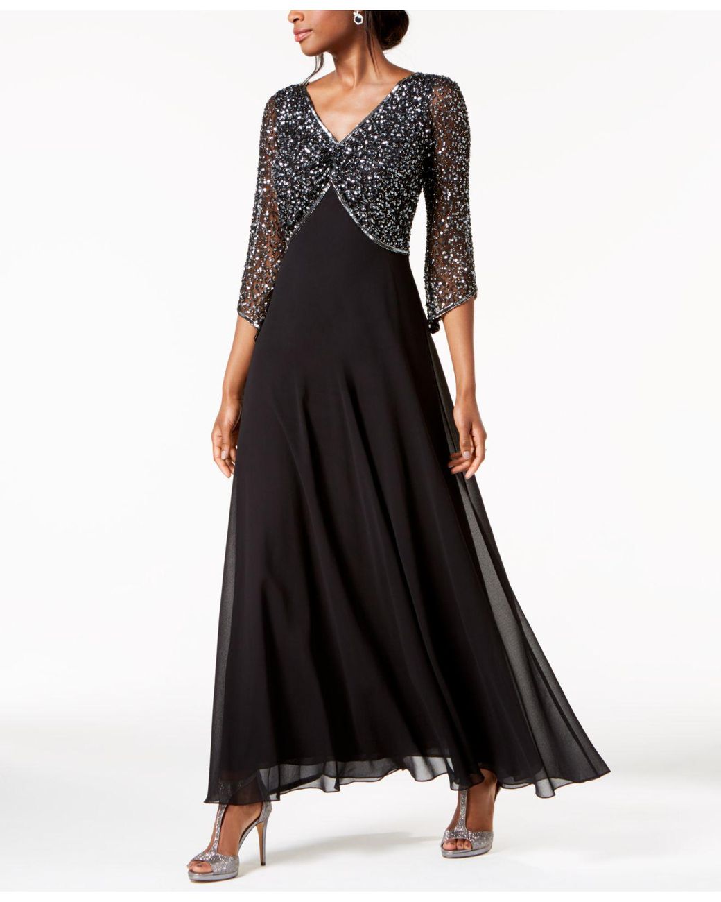 J Kara Embellished 3/4-sleeve Gown in Black | Lyst