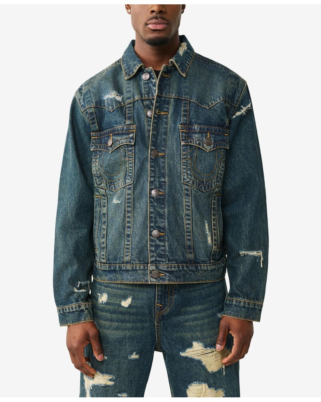 True Religion Blue Collared Destroyed Oversized Jacket for men