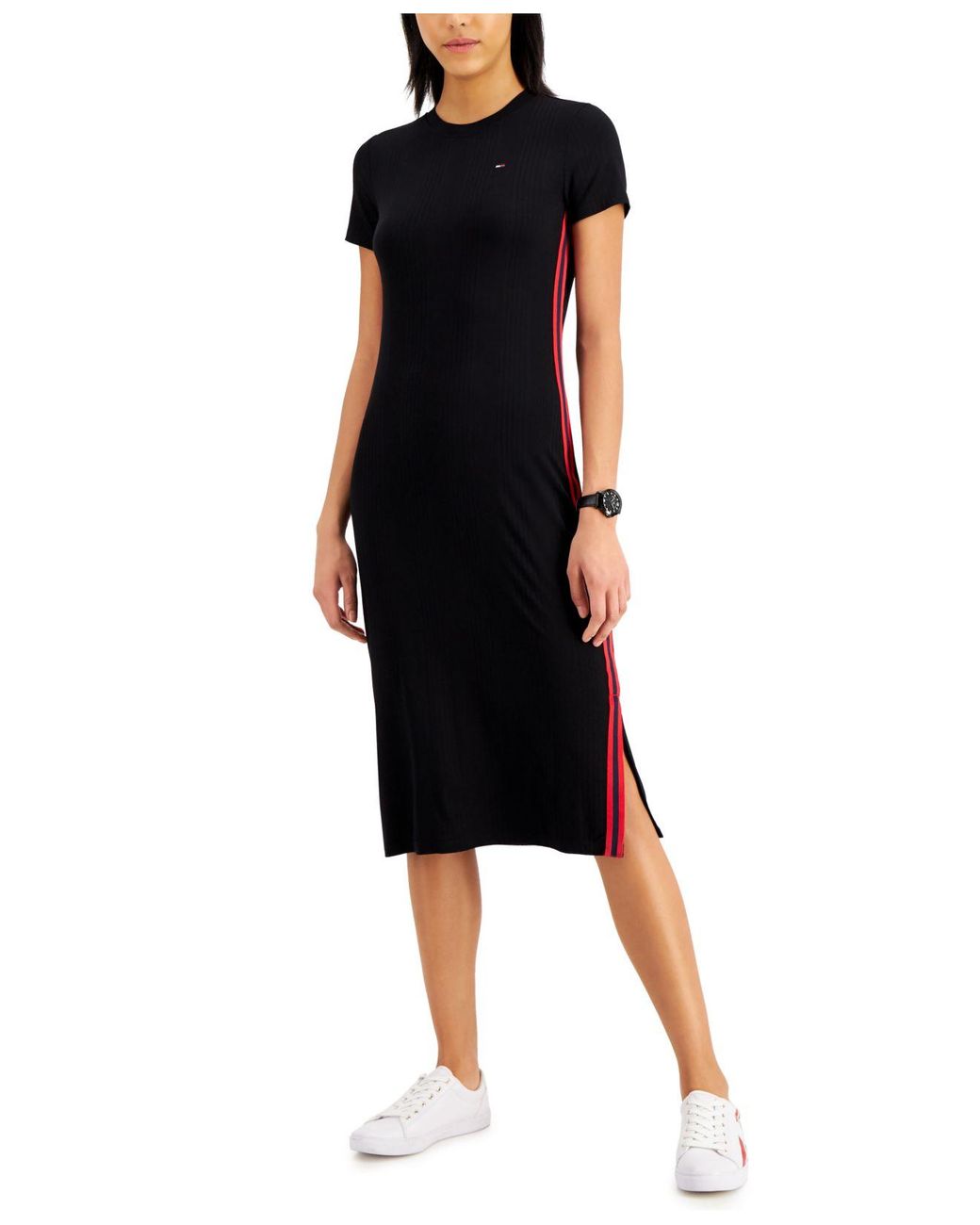Tommy Hilfiger Synthetic Ribbed Midi Dress in Black - Lyst