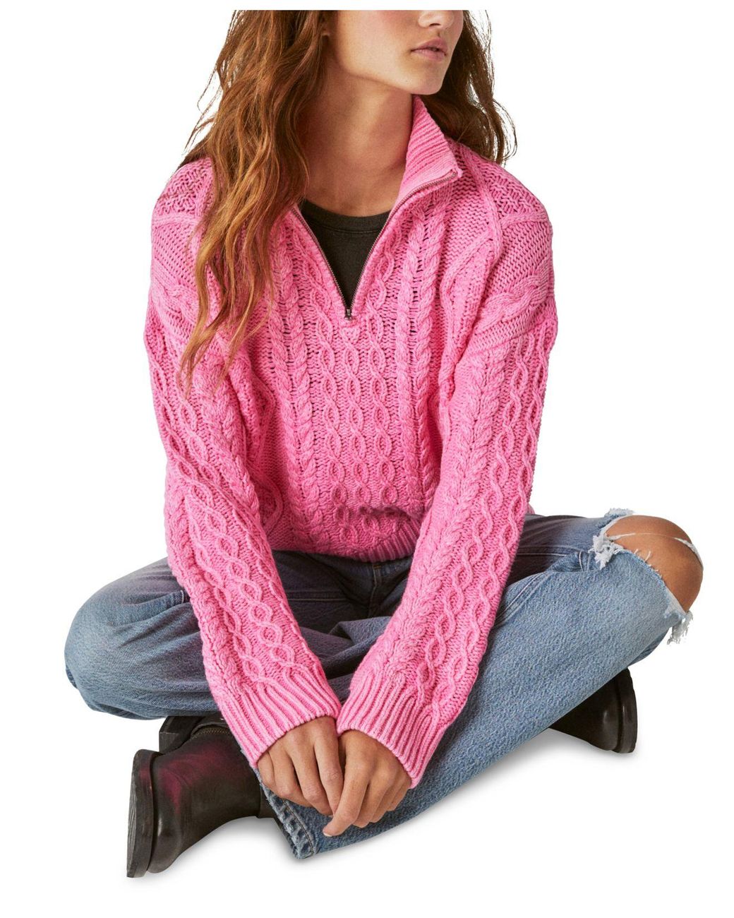 Lucky Brand Cableknit Quarterzip Sweater in Pink Lyst