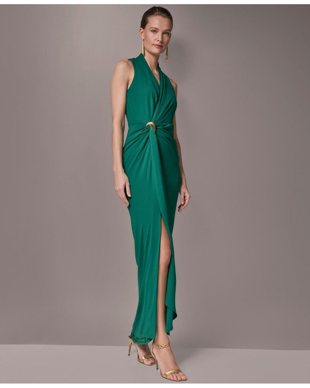 Donna Karan Green Draped Faux-wrap Gown
