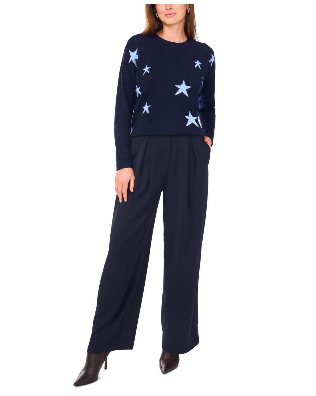 Vince Camuto Blue Cozy Crewneck Star-print Dropped-shoulder Sweater