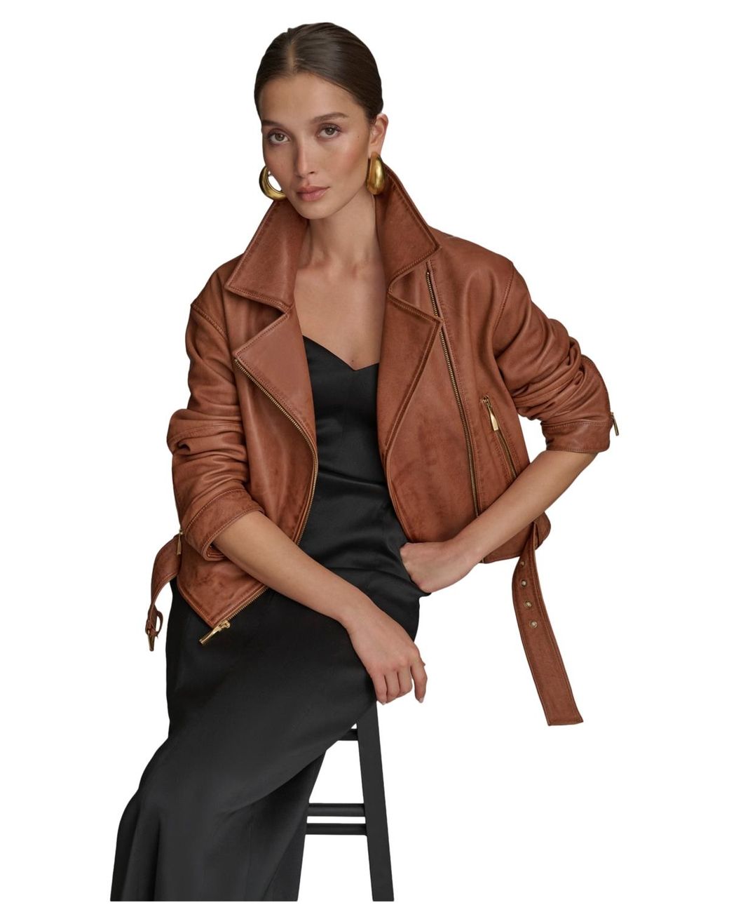 Donna Karan Asymmetric Leather Moto Jacket in Brown | Lyst