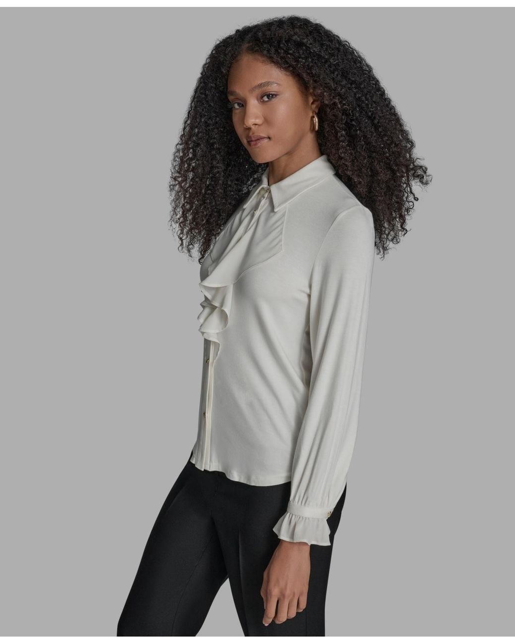 BCBGMAXAZRIA Gray Button Down Ruffle Front Blouse