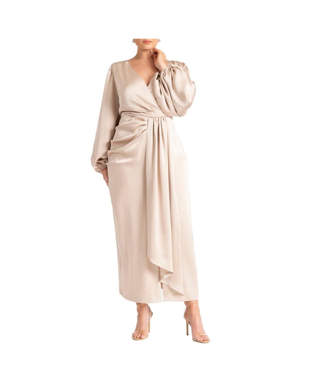 Eloquii Plus Size Satin Puff Sleeve Pleated Dress in Natural | Lyst